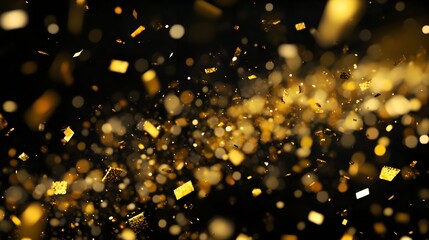 Golden confetti explosion with sparkling bokeh effects on black background