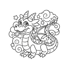 Naklejka premium Cheerful Dragon Blowing Smoke Rings with Stars Coloring Page