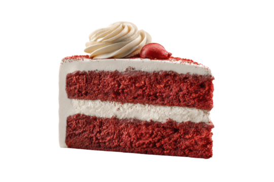 PNG Delicious red velvet cake slice with cream frosting and cherry detail
