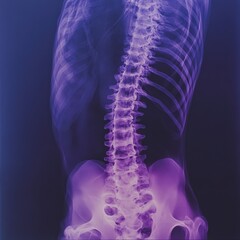 Close-up X-ray of the human body, depicting back pain, with a purple glow on the spine area, against a blue background,