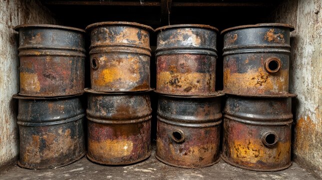 Weathered Metal Drums Stacked in an Industrial Storage Environment