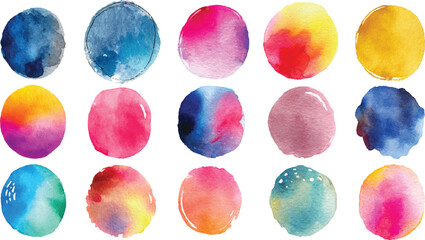Hand painted watercolor colorful circle stains and drops set on transparent background, Paint Brush Strokes collection, 
