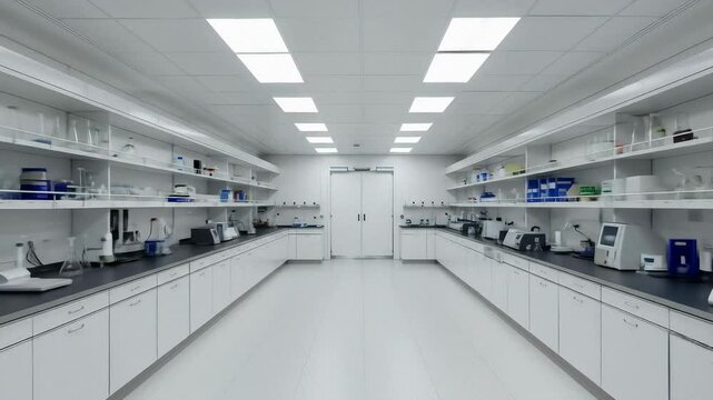 Empty modern laboratory, clean research facility, scientific equipment. Pharmaceutical manufacturing, medical and biotech industry footage.
