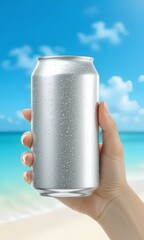 Close-up of a female hand holding a cold, blank aluminum can with condensation. The background shows a beautiful tropical beach, creating a refreshing summer vacation sce