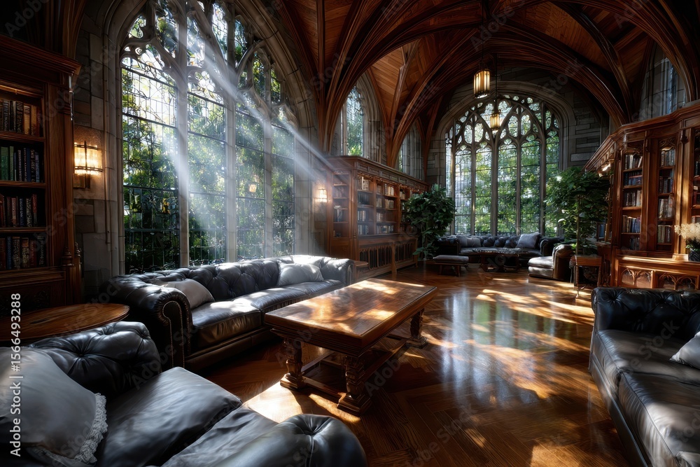 Poster quiet reading area in a historic library with sunlight streaming through large windows