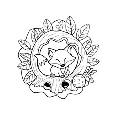 Cute Fox Sleeping in a Hollow Tree Coloring Page