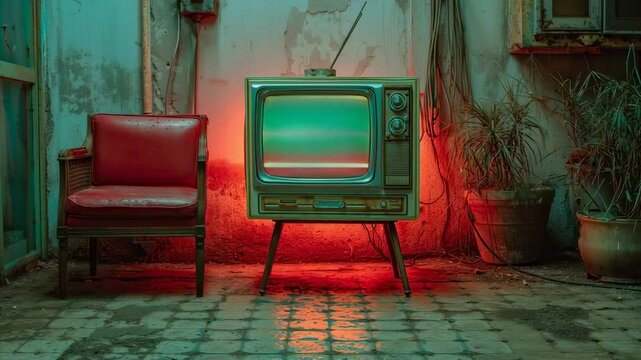 Vintage TV Set Illuminated by Moody Red and Green Light in Abandoned Space Featuring Retro Decor and Nostalgic Atmosphere
