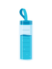 Flat style illustration of a sports water bottle with measurement marks and a blue strap. Perfect for fitness, gym, hydration, and active lifestyle designs.

