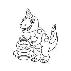 Fototapeta premium Dinosaur Wearing a Party Hat Blowing Out Birthday Candles Coloring Page