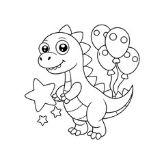 Obraz premium Friendly Dinosaur Playing with Balloons and Stars Coloring Page