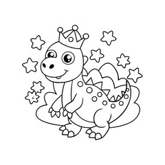 Friendly Dinosaur Wearing a Crown Surrounded by Stars Coloring Page