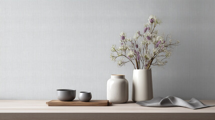 Minimalist Scandinavian home decor with ceramic vases and dried flowers on wooden surface, light grey textured wall background creating calm and cozy atmosphere