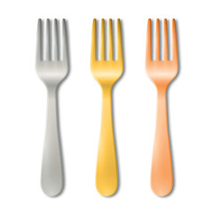 Vector 3d Fork Set Isolated on White. Realistic Silver, Gold and Copper Fork Icon. Metal Cutlery Illustration. Tableware Utensils, Restaurant, Kitchenware, Dinnerware. Top View
