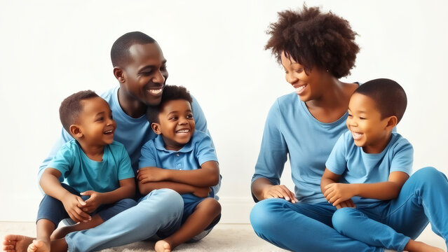 Happy African American family with two young sons laughing together on the floor.