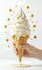 A female hand holds a melting vanilla soft-serve ice cream in a waffle cone. Levitating cereal toppings add a dynamic touch. Isolated on a clean white background, perfect for dessert or 