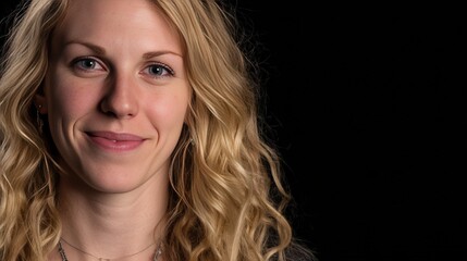 Naklejka premium Portrait of a Smiling Young Woman with Curly Hair Against a Dark Background
