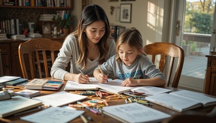 Mother and daughter engaged in educational activities at a table.