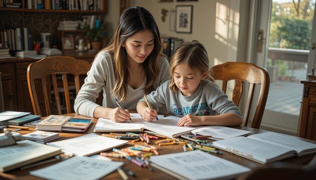 Mother and daughter engaged in educational activities at a table. - Powered by Adobe