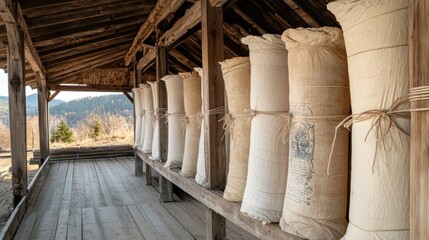 Rustic Storage of Burlap Bags in Wooden Shelter in Nature Setting