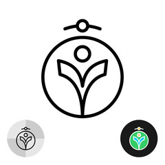 Stylized human figure logo in a circle frame. People silhouette symbol with hands up. Psychology or esoteric theme thin black line icon. Editable stroke.