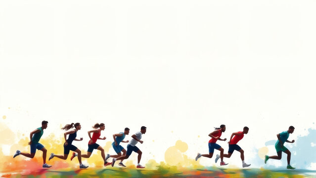 A diverse group of runners sprint energetically across a vibrant, colorful track, showcasing determination and athleticism.