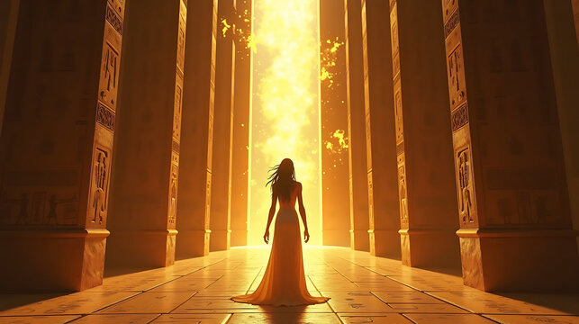 Ancient Egyptian Queen In Glowing Golden Temple With Hieroglyphs In Dramatic Fantasy Illustration - Powered by Adobe