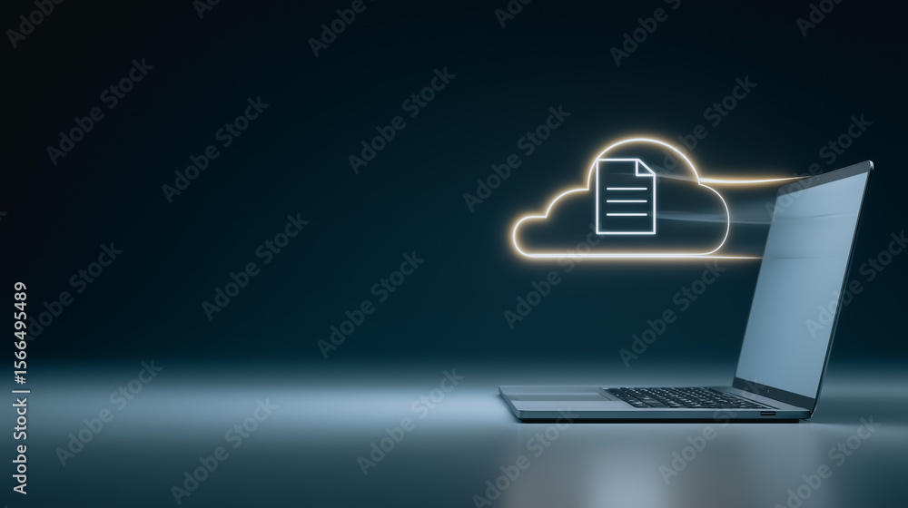 Poster cloud data transfer: a laptop illuminates, its screen glowing as data transfers wirelessly to the il