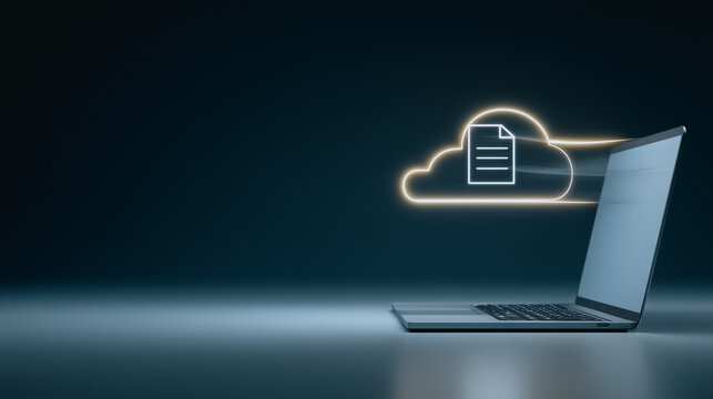 Cloud Data Transfer: A laptop illuminates, its screen glowing as data transfers wirelessly to the illuminated cloud, symbolizing modern data management and efficient storage solutions.