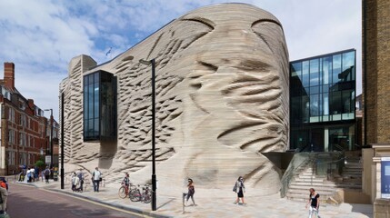 A group of people walking down a street next to a building