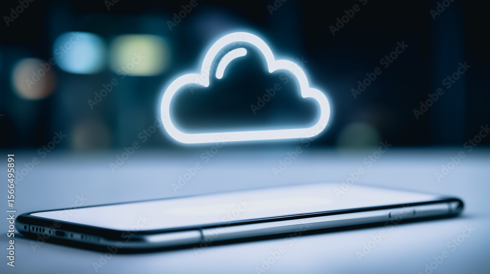 Poster cloud data on smartphone: a sleek smartphone lies on a table, with a glowing cloud icon representing