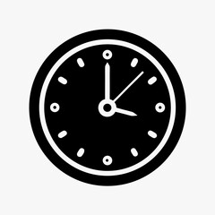 Simple black and white wall clock icon showing time, minimalist round clock symbol, flat design vector illustration 
