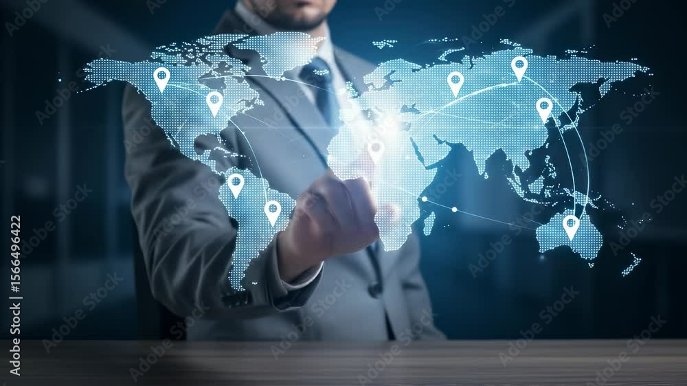 Poster global business network: a businessman uses interactive world map interface to illustrate internatio