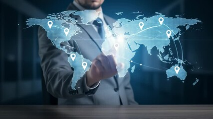 Global Business Network: A businessman uses interactive world map interface to illustrate international connections and global communication strategy. - Powered by Adobe