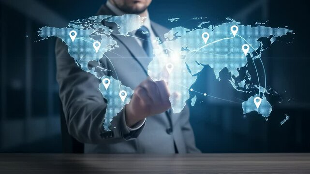 Global Business Network: A businessman uses interactive world map interface to illustrate international connections and global communication strategy.