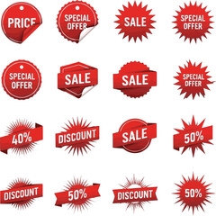Create a kinds of deferent Set of red price sticker, sale or discount sticker, sunburst badges icon. Stars shape with different number of rays. Special offer price tag. 
