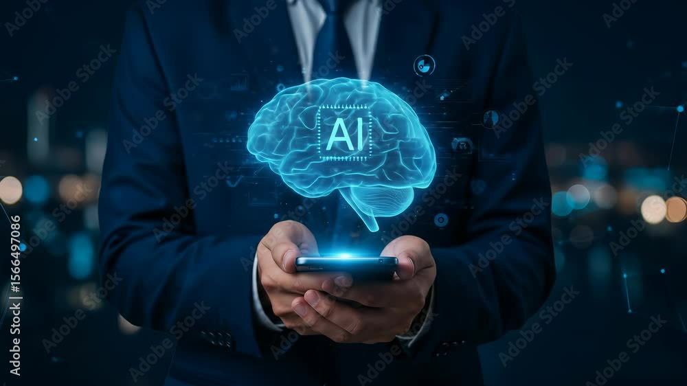 Poster artificial intelligence in business: professional man leverages ai brain hologram from mobile phone,