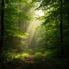 Obraz premium Sunlit Forest Path: Green Trees and Morning Mist