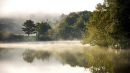 Fototapeta premium A misty lake with trees in the background