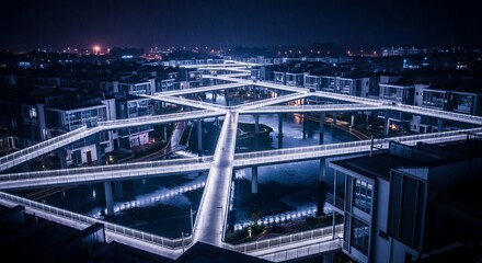 Fototapeta premium Illuminated Pedestrian Bridges at Night, Modern Architecture Over Water