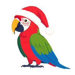 Festive illustration of a red, green, and blue macaw parrot wearing a Santa Claus hat. Colorful tropical bird in profile, isolated on white background. Vector art. © ismael