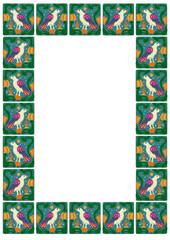 Fairytale folk frame for card design. Ethnic animal tile. White bird ornament on green background.