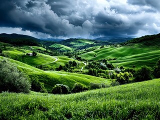 Dramatic Stormy Sky Over Lush Green Rolling Hills Landscape