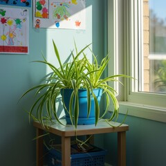 Spider Plant in Blue Pot on Small Table in Sunny Room