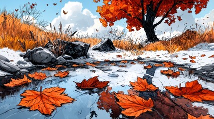 Autumn Landscape Frozen Stream with Falling Leaves and Snowy Banks