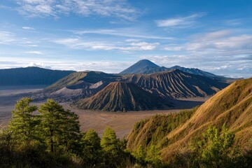 Fototapeta premium Landscape view of Mount Bromo and surrounding volcano peaks under a blue sky with clouds