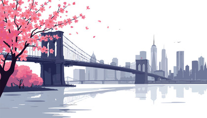 Minimalist vector silhouette of New York City in spring, with blooming cherry blossoms along the East River, focusing on the Manhattan Bridge and a bright, airy feel against a white background.