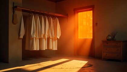Clean Laundry Hanging in Dimly Lit Storage Room with Winter Evening Shadows

Moody Winter Storage Scene with Hanging Clothes and Soft Shadow Play

Dimly Lit Laundry Space with Neatly Hung Clothes and 