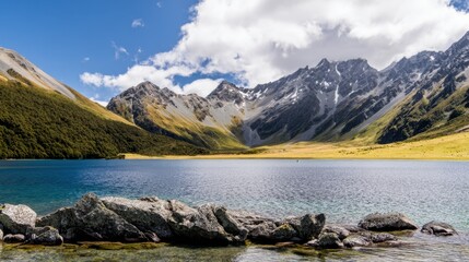 A large body of water surrounded by mountains
