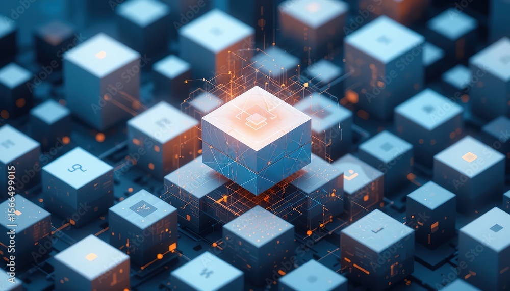Fototapete the graphic design element and abstract geometric background with isometric digital blocks. blockcha