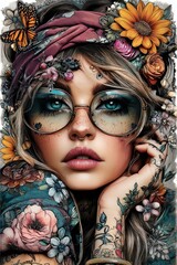 A woman with glasses and flowers in her hair